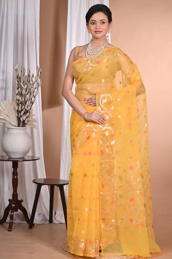 yellow Jamdani silk blend Organza Saree With Blouse Piece