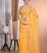 yellow Jamdani silk blend Organza Saree With Blouse Piece