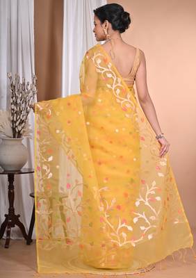 yellow Jamdani silk blend Organza Saree With Blouse Piece 2
