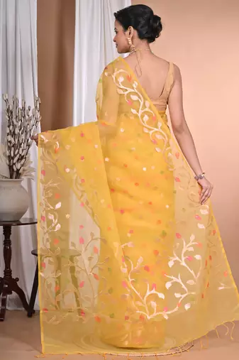 yellow Jamdani silk blend Organza Saree With Blouse Piece