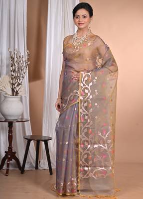 mehendi Jamdani silk blend Organza Saree With Blouse Piece 1