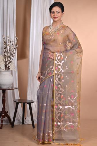 mehendi Jamdani silk blend Organza Saree With Blouse Piece