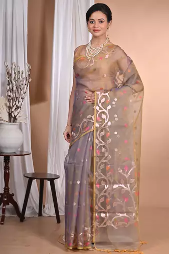 mehendi Jamdani silk blend Organza Saree With Blouse Piece