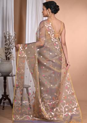 mehendi Jamdani silk blend Organza Saree With Blouse Piece 3