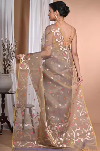 mehendi Jamdani silk blend Organza Saree With Blouse Piece