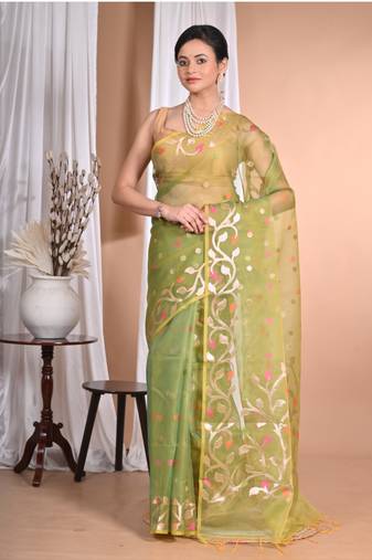 green Jamdani silk blend Organza Saree With Blouse Piece