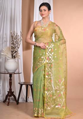 green Jamdani silk blend Organza Saree With Blouse Piece 1