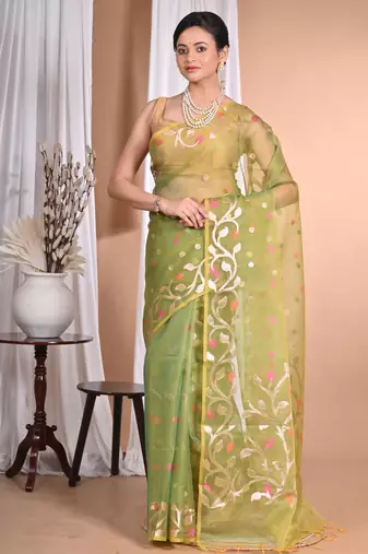 green Jamdani silk blend Organza Saree With Blouse Piece