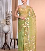 green Jamdani silk blend Organza Saree With Blouse Piece
