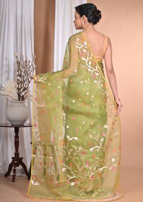 green Jamdani silk blend Organza Saree With Blouse Piece 2
