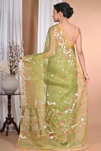 green Jamdani silk blend Organza Saree With Blouse Piece