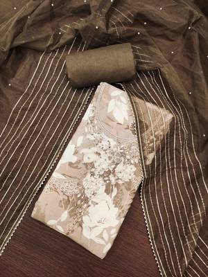 Olive cotton silk print handwork unstitched dress material 2