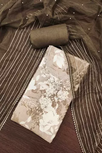 Olive cotton silk print handwork unstitched dress material
