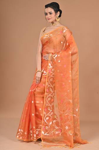 orange Jamdani silk blend Organza Saree With Blouse Piece