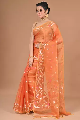 orange Jamdani silk blend Organza Saree With Blouse Piece