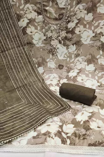 Olive cotton silk print handwork unstitched dress material