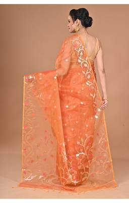 orange Jamdani silk blend Organza Saree With Blouse Piece 2