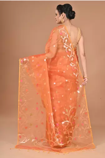 orange Jamdani silk blend Organza Saree With Blouse Piece