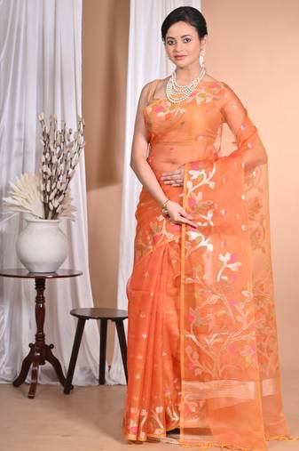 orange Jamdani silk blend Organza Saree With Blouse Piece