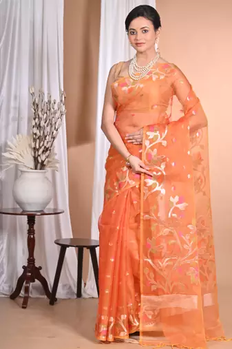 orange Jamdani silk blend Organza Saree With Blouse Piece