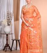 orange Jamdani silk blend Organza Saree With Blouse Piece
