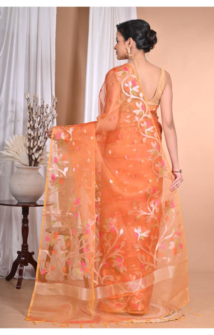 orange Jamdani silk blend Organza Saree With Blouse Piece