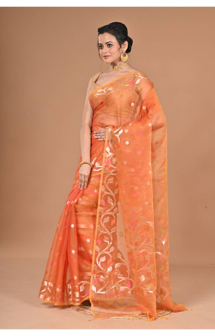 orange Jamdani silk blend Organza Saree With Blouse Piece