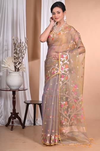 mehendi Jamdani silk blend Organza Saree With Blouse Piece