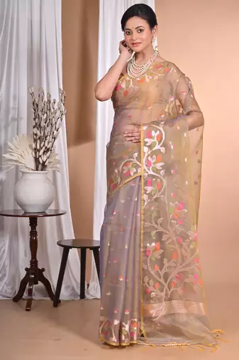 mehendi Jamdani silk blend Organza Saree With Blouse Piece