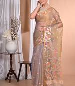 mehendi Jamdani silk blend Organza Saree With Blouse Piece