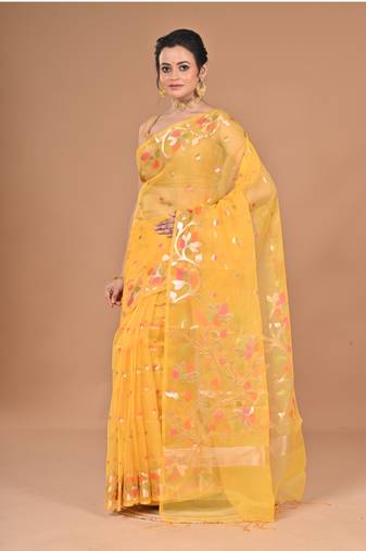 yellow Jamdani silk blend Organza Saree With Blouse Piece
