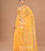 yellow Jamdani silk blend Organza Saree With Blouse Piece