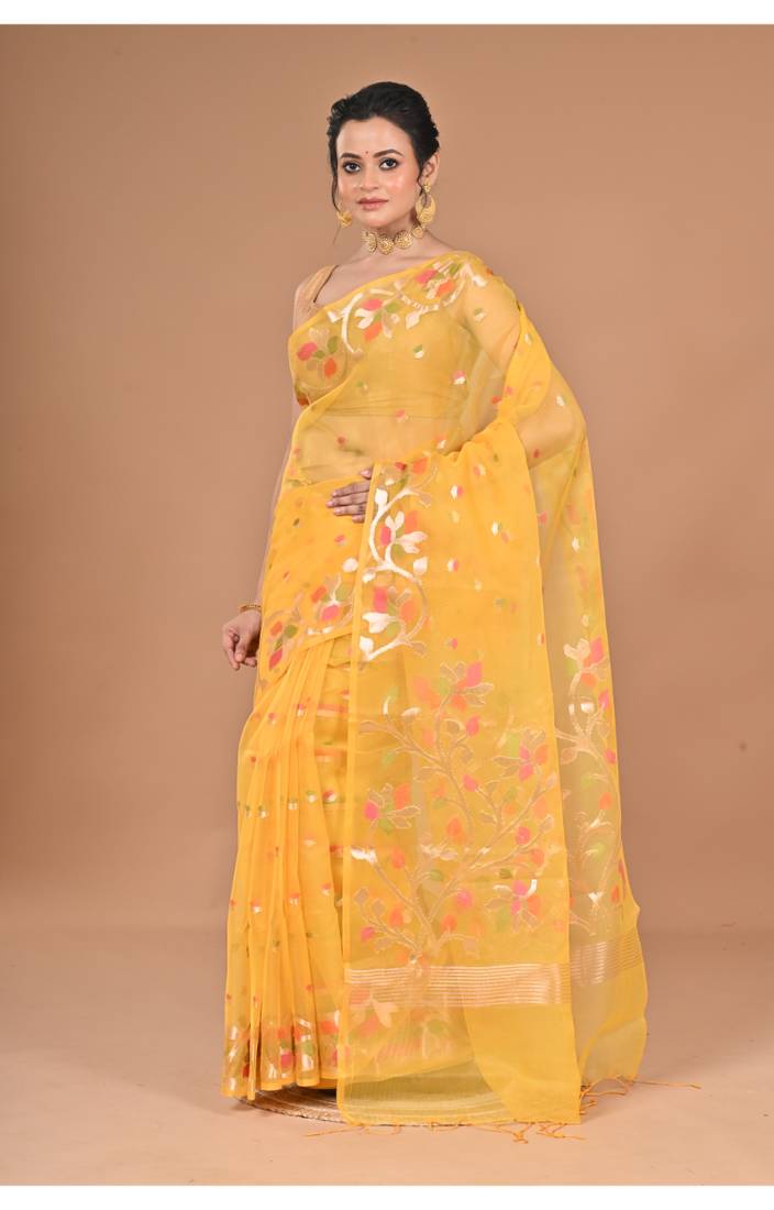 yellow Jamdani silk blend Organza Saree With Blouse Piece