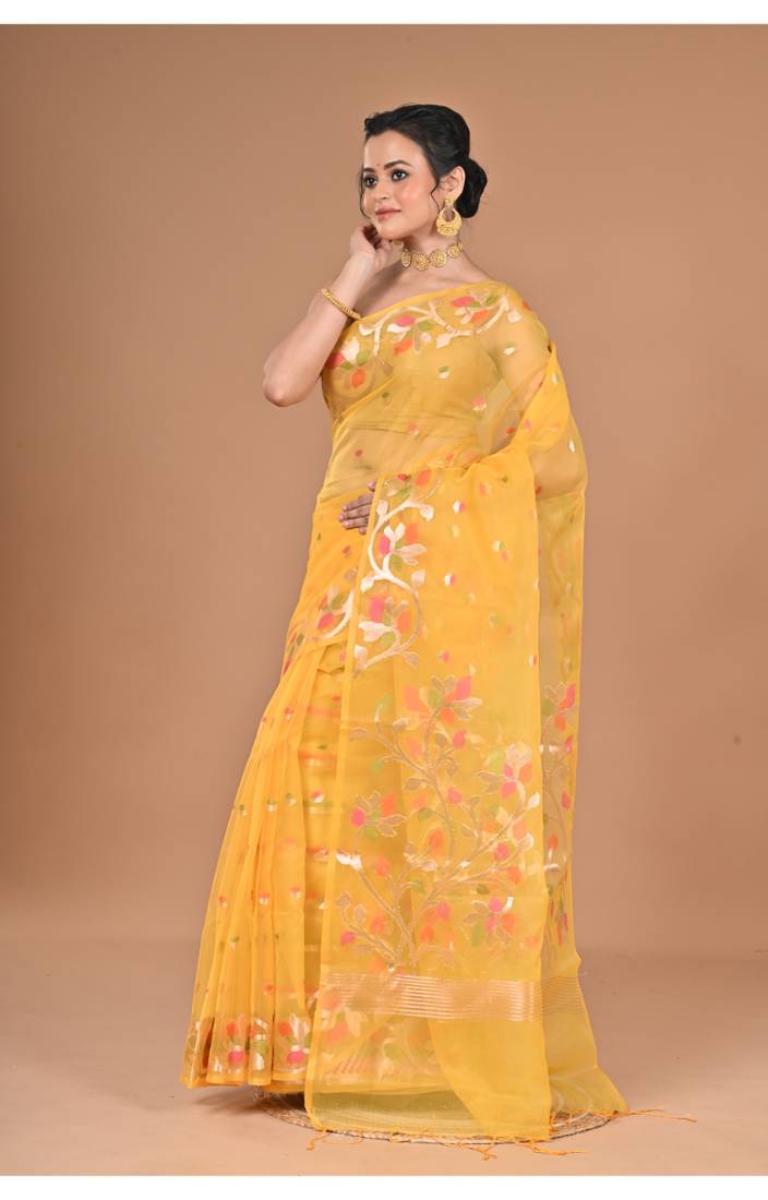 yellow Jamdani silk blend Organza Saree With Blouse Piece