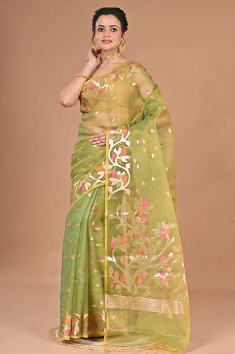 green Jamdani silk blend Organza Saree With Blouse Piece