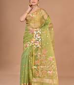green Jamdani silk blend Organza Saree With Blouse Piece