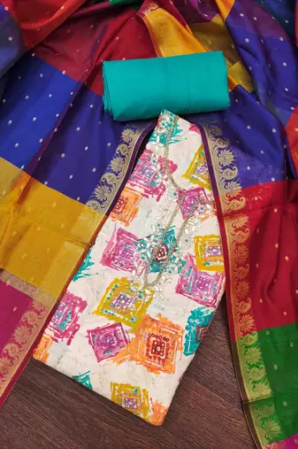 Multi modal cotton print handwork unstitched dress material