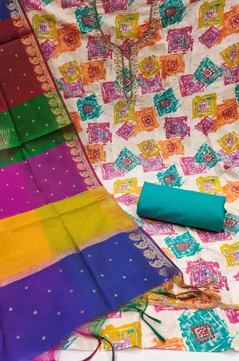 Multi modal cotton print handwork unstitched dress material