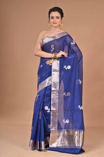 blue Chanderi silk blend Saree With Blouse Piece