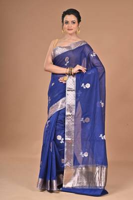 blue Chanderi silk blend Saree With Blouse Piece 1