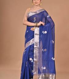 blue Chanderi silk blend Saree With Blouse Piece