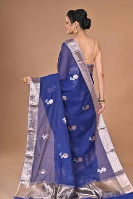 blue Chanderi silk blend Saree With Blouse Piece 2