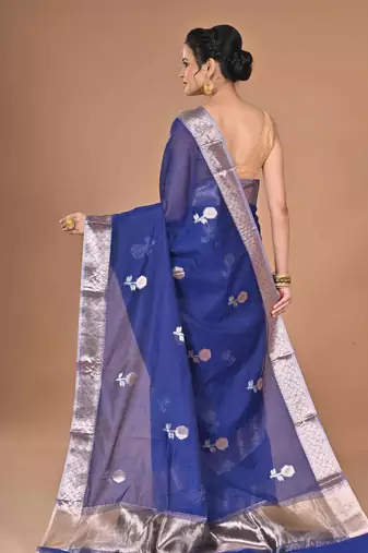 blue Chanderi silk blend Saree With Blouse Piece