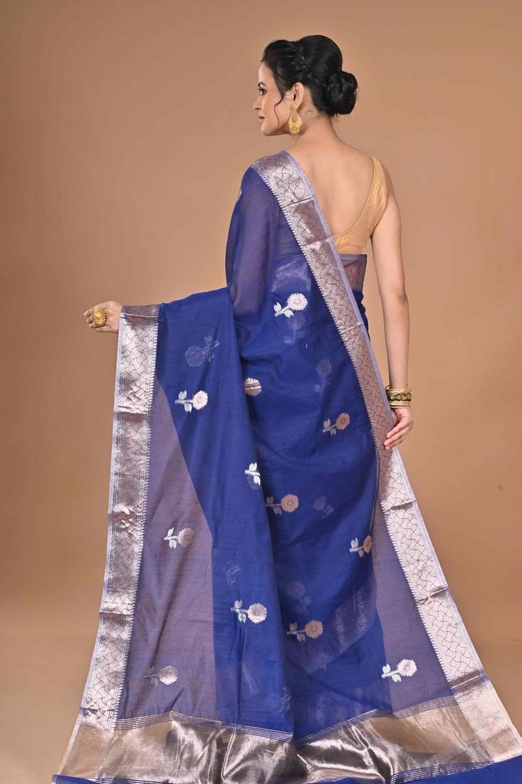 blue Chanderi silk blend Saree With Blouse Piece