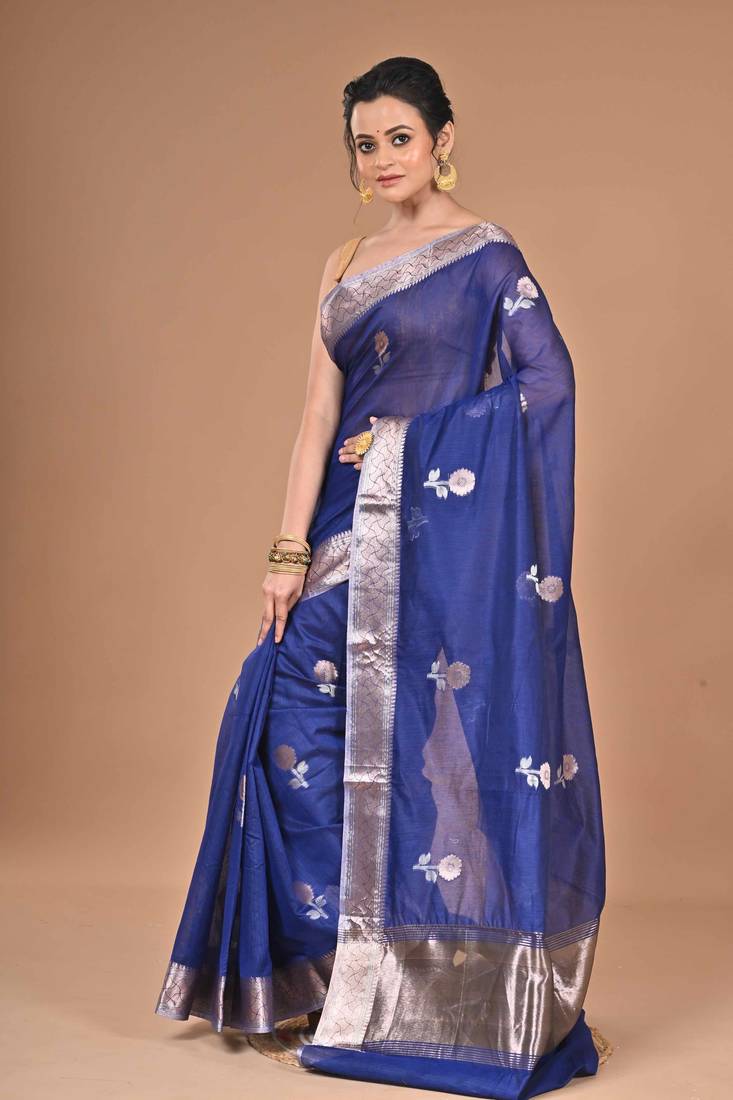 blue Chanderi silk blend Saree With Blouse Piece