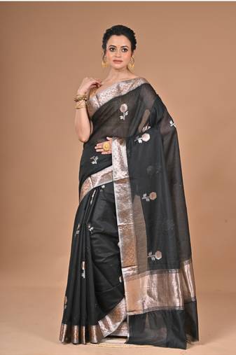 black Chanderi silk blend Saree With Blouse Piece