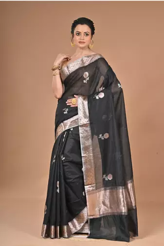 black Chanderi silk blend Saree With Blouse Piece