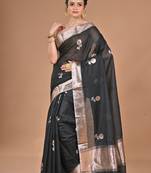 black Chanderi silk blend Saree With Blouse Piece