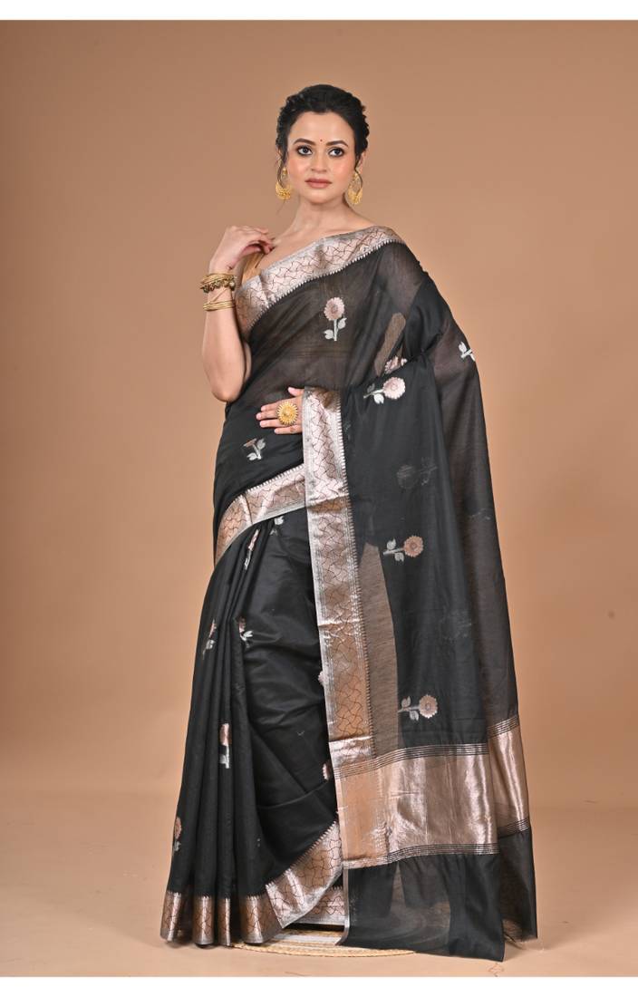 black Chanderi silk blend Saree With Blouse Piece