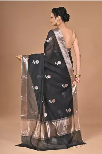 black Chanderi silk blend Saree With Blouse Piece